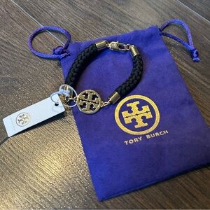 Tory Burch Black Braided Bracelet with Gold Logo